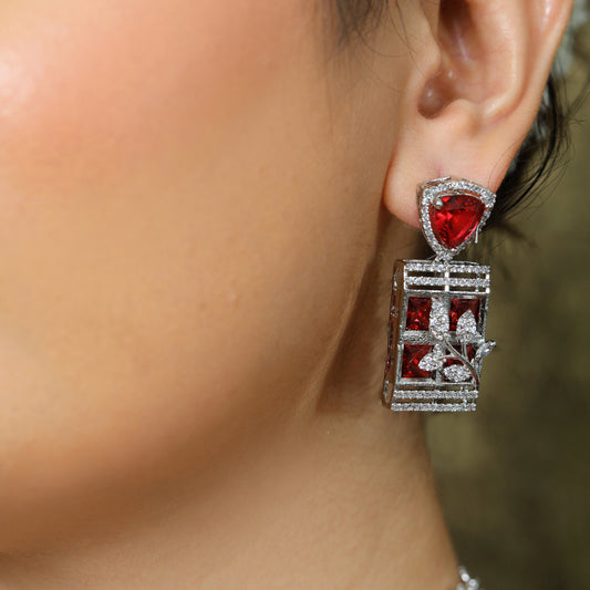 Regal Ruby Red American Diamond V-Necklace Set with Intricate Floral Rectangle Pendants
