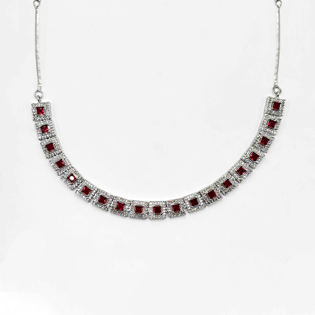 Classic Silver-Tone Square Cut Ruby Red Stone Collar Necklace and Earring Set