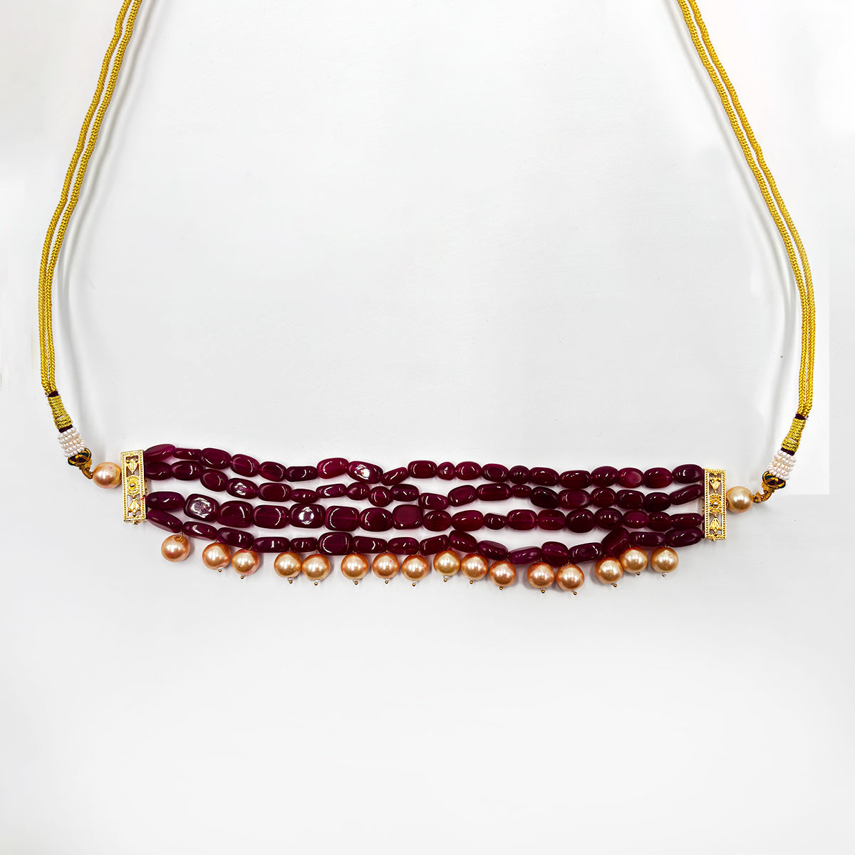 Royal Ruby Beaded Necklace Set with Golden Pearls