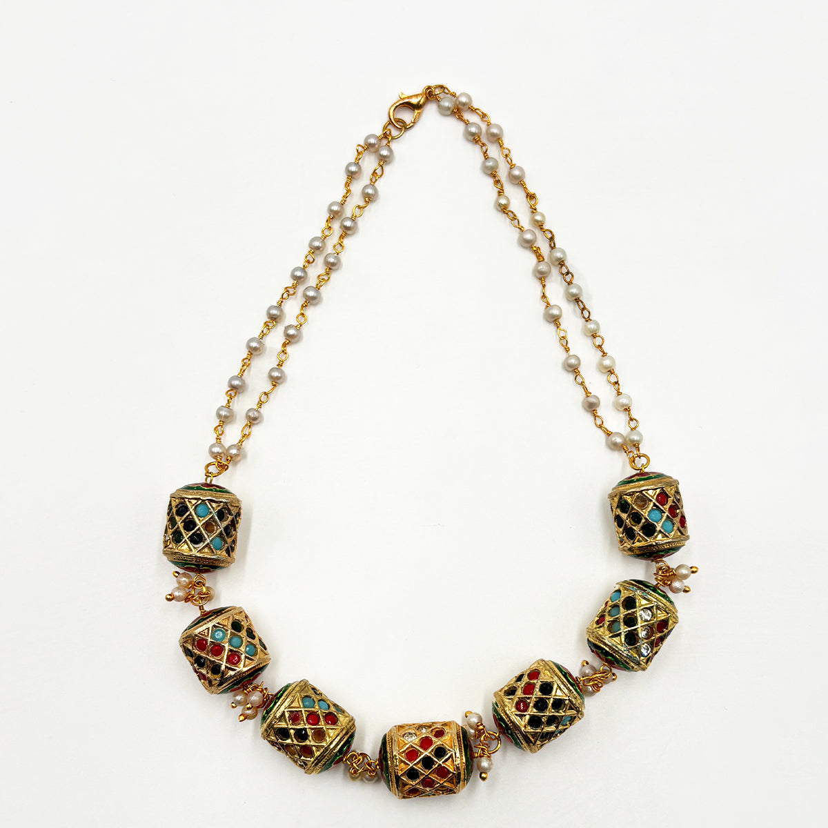 Traditional Meenakari Work Pearl and Enamel Beaded Gold-Tone Necklace Set with Earrings