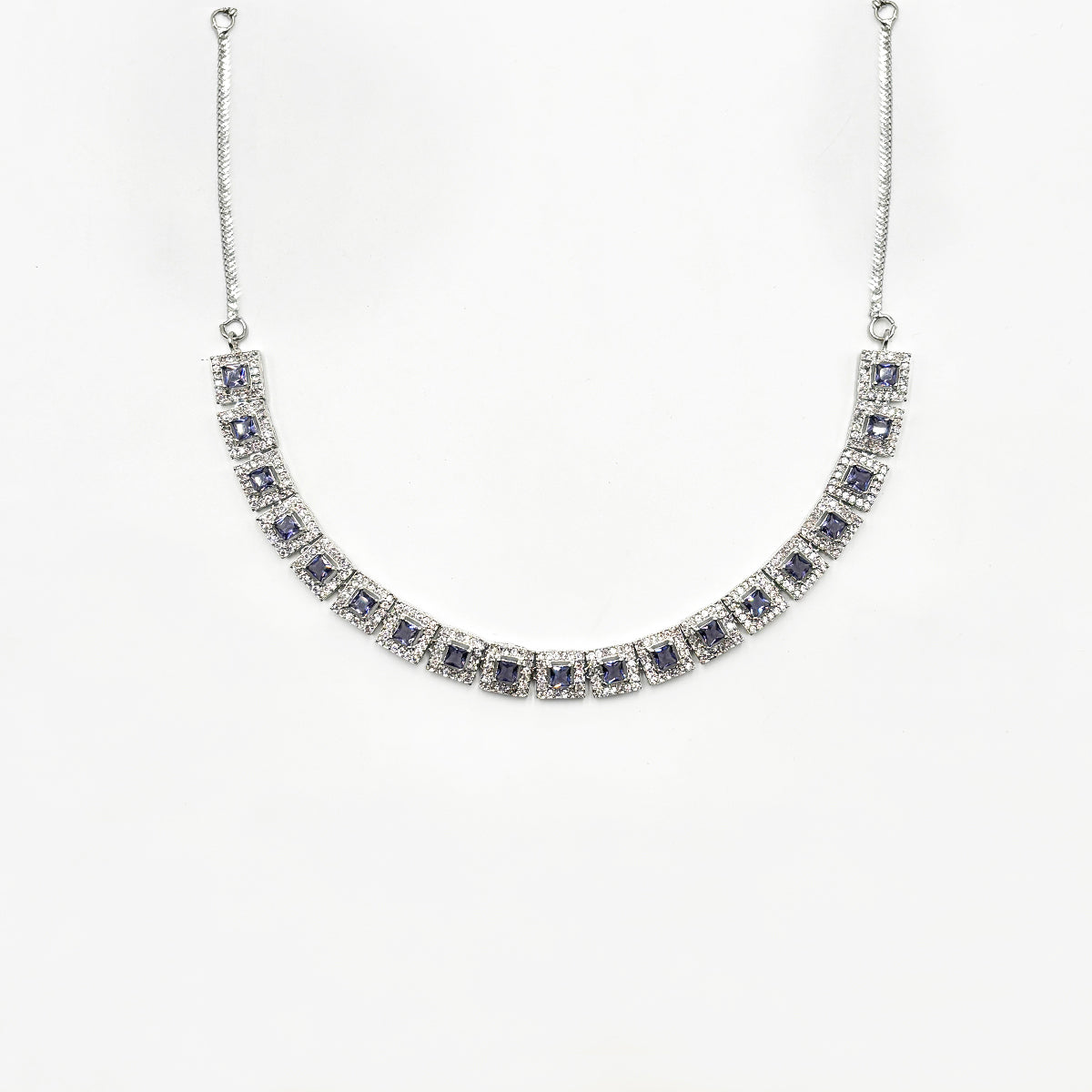 Exquisite Silver-Tone Zircon and Amethyst Purple Square Collar Necklace Set with Earrings