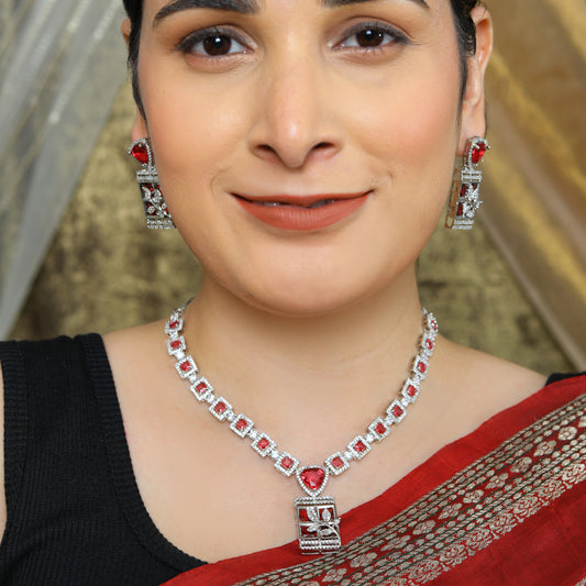 Regal Ruby Red American Diamond V-Necklace Set with Intricate Floral Rectangle Pendants