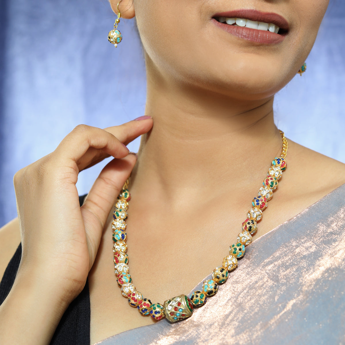 Traditional Meenakari Work Gold-Tone Beaded Necklace Set with Colorful Enamel and Drops