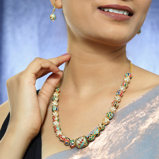 Traditional Meenakari Work Gold-Tone Beaded Necklace Set with Colorful Enamel and Drops