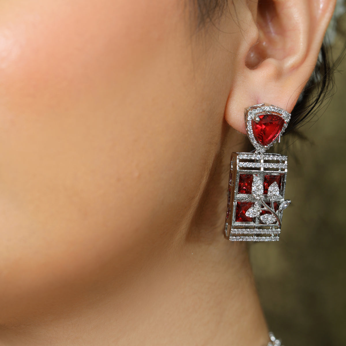 Regal Ruby Red American Diamond V-Necklace Set with Intricate Floral Rectangle Pendants