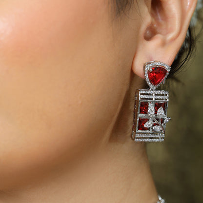 Regal Ruby Red American Diamond V-Necklace Set with Intricate Floral Rectangle Pendants