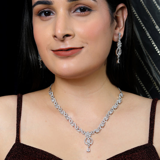 Brilliant American Diamond Silver-Tone V-Drop Necklace Set with Matching Dangle Earrings