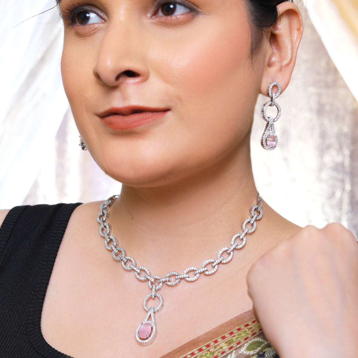 Pink Gemstone and Diamond Necklace and Earring Set