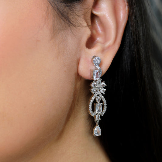 Brilliant American Diamond Silver-Tone V-Drop Necklace Set with Matching Dangle Earrings