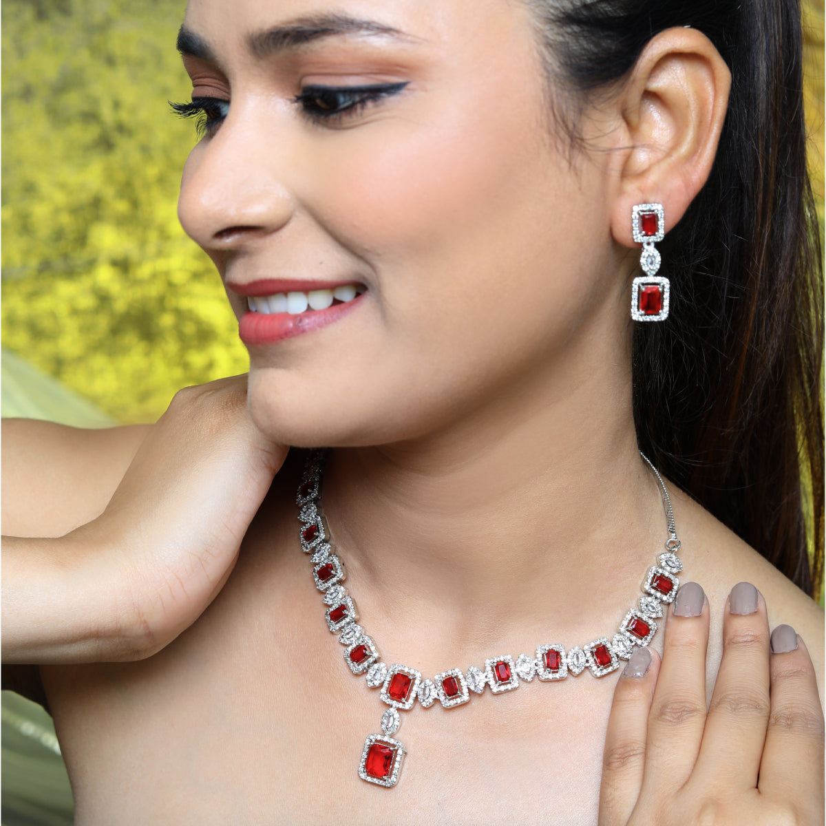 Regal Silver-Tone Square-Cut Ruby Red American Diamond Drop Necklace and Earring Set