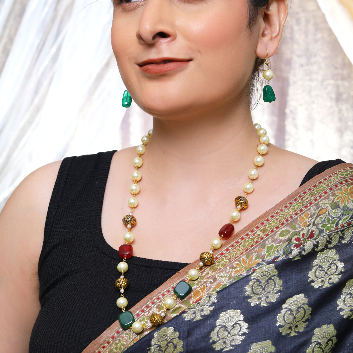 Elegant Pearl & Stone Beaded Necklace Set with Earrings