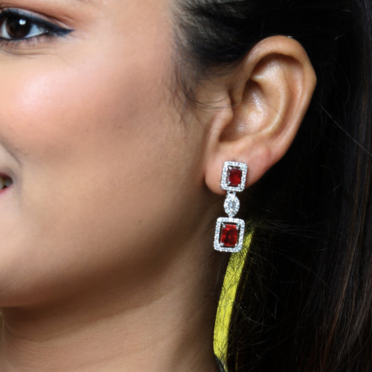 Regal Silver-Tone Square-Cut Ruby Red American Diamond Drop Necklace and Earring Set