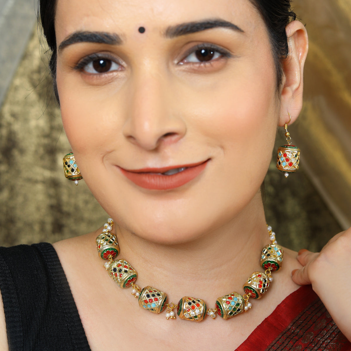 Traditional Meenakari Work Pearl and Enamel Beaded Gold-Tone Necklace Set with Earrings