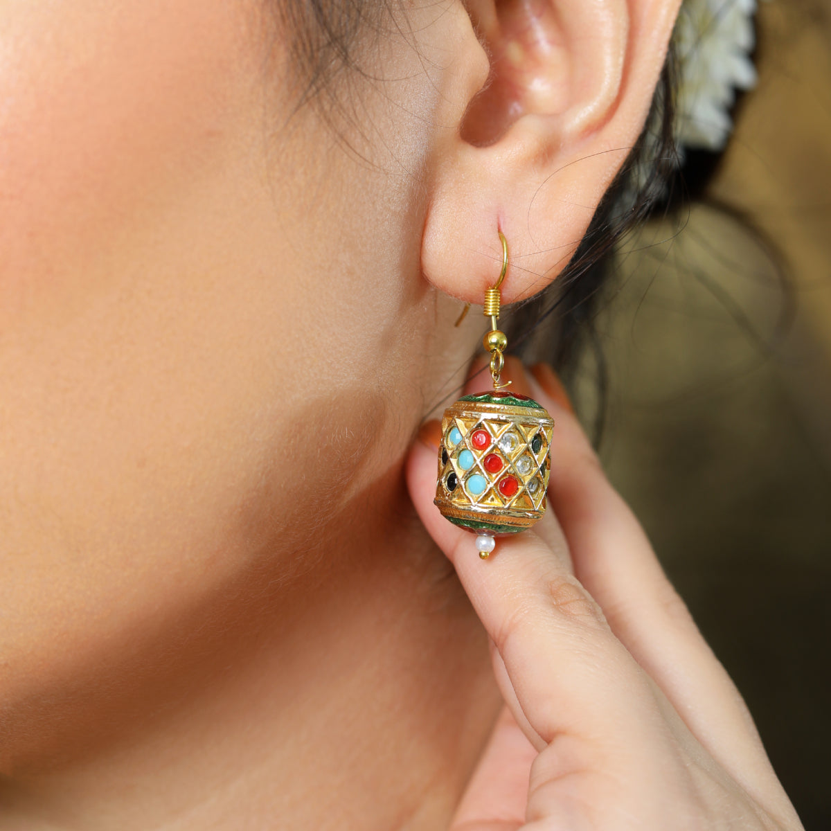 Traditional Meenakari Work Pearl and Enamel Beaded Gold-Tone Necklace Set with Earrings