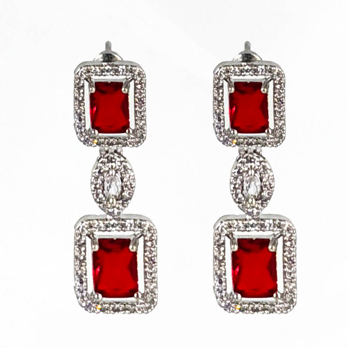 Regal Silver-Tone Square-Cut Ruby Red American Diamond Drop Necklace and Earring Set