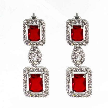 Regal Silver-Tone Square-Cut Ruby Red American Diamond Drop Necklace and Earring Set