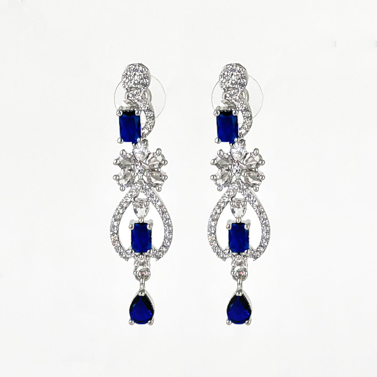 Elegant Silver-Tone Zircon and Sapphire Blue Drop Necklace and Earring Set