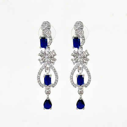 Elegant Silver-Tone Zircon and Sapphire Blue Drop Necklace and Earring Set
