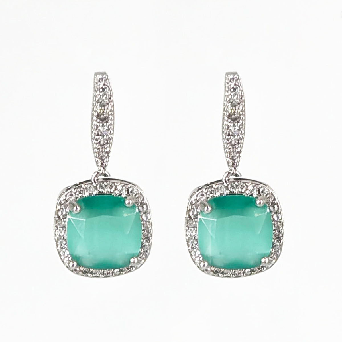 Elegant Silver-Tone Mint Green Cushion-Cut Drop Earrings with Zircon Halo