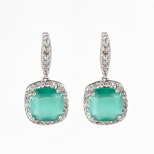 Elegant Silver-Tone Mint Green Cushion-Cut Drop Earrings with Zircon Halo