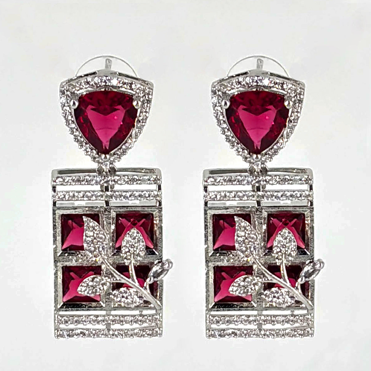 Regal Ruby Red American Diamond V-Necklace Set with Intricate Floral Rectangle Pendants