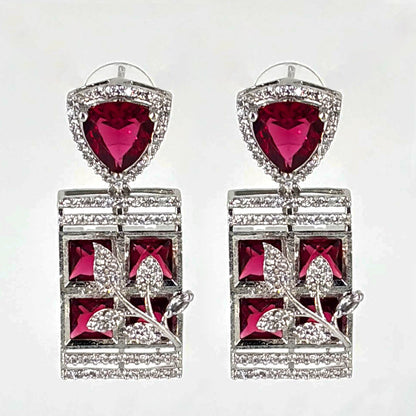 Regal Ruby Red American Diamond V-Necklace Set with Intricate Floral Rectangle Pendants
