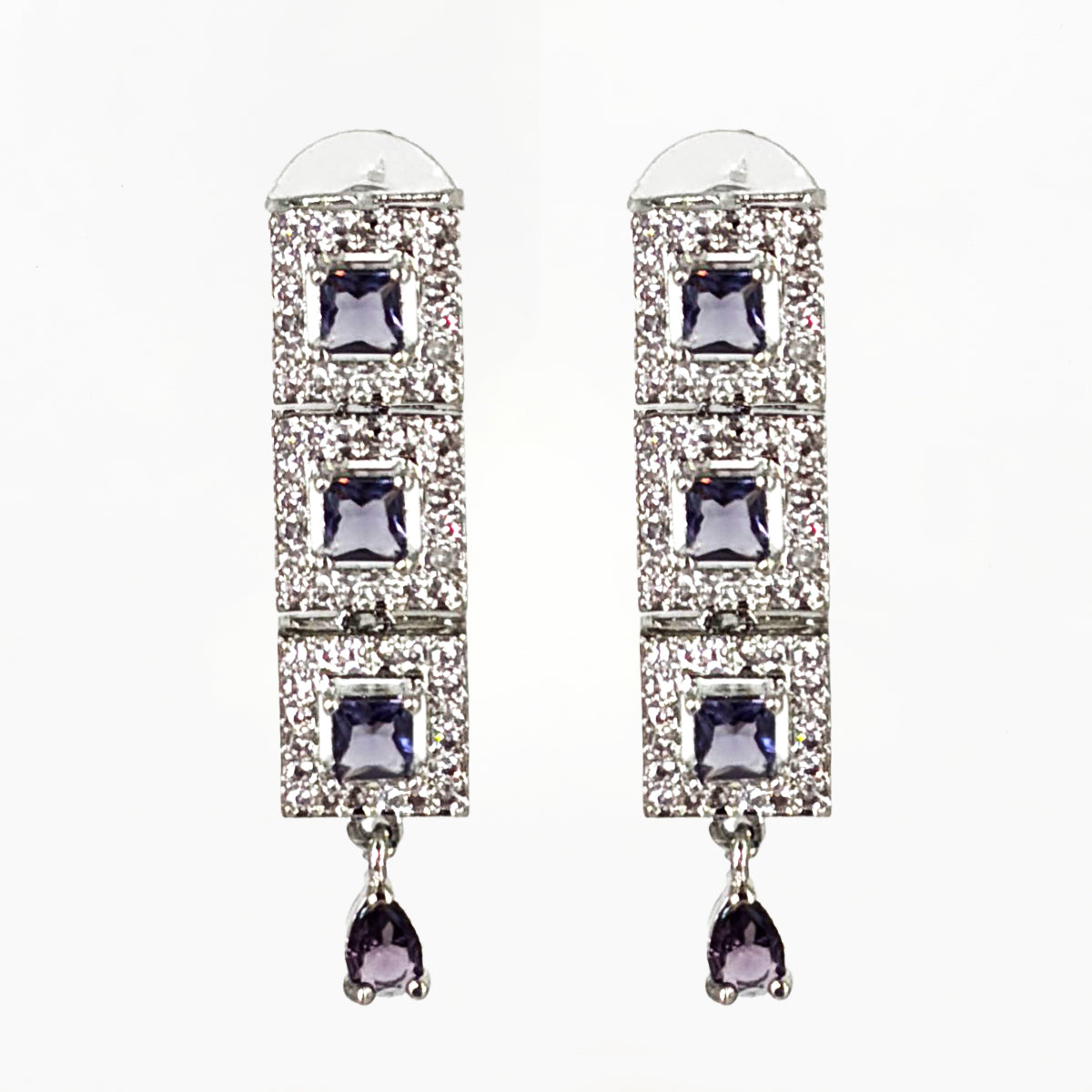Exquisite Silver-Tone Zircon and Amethyst Purple Square Collar Necklace Set with Earrings