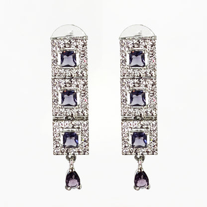 Exquisite Silver-Tone Zircon and Amethyst Purple Square Collar Necklace Set with Earrings