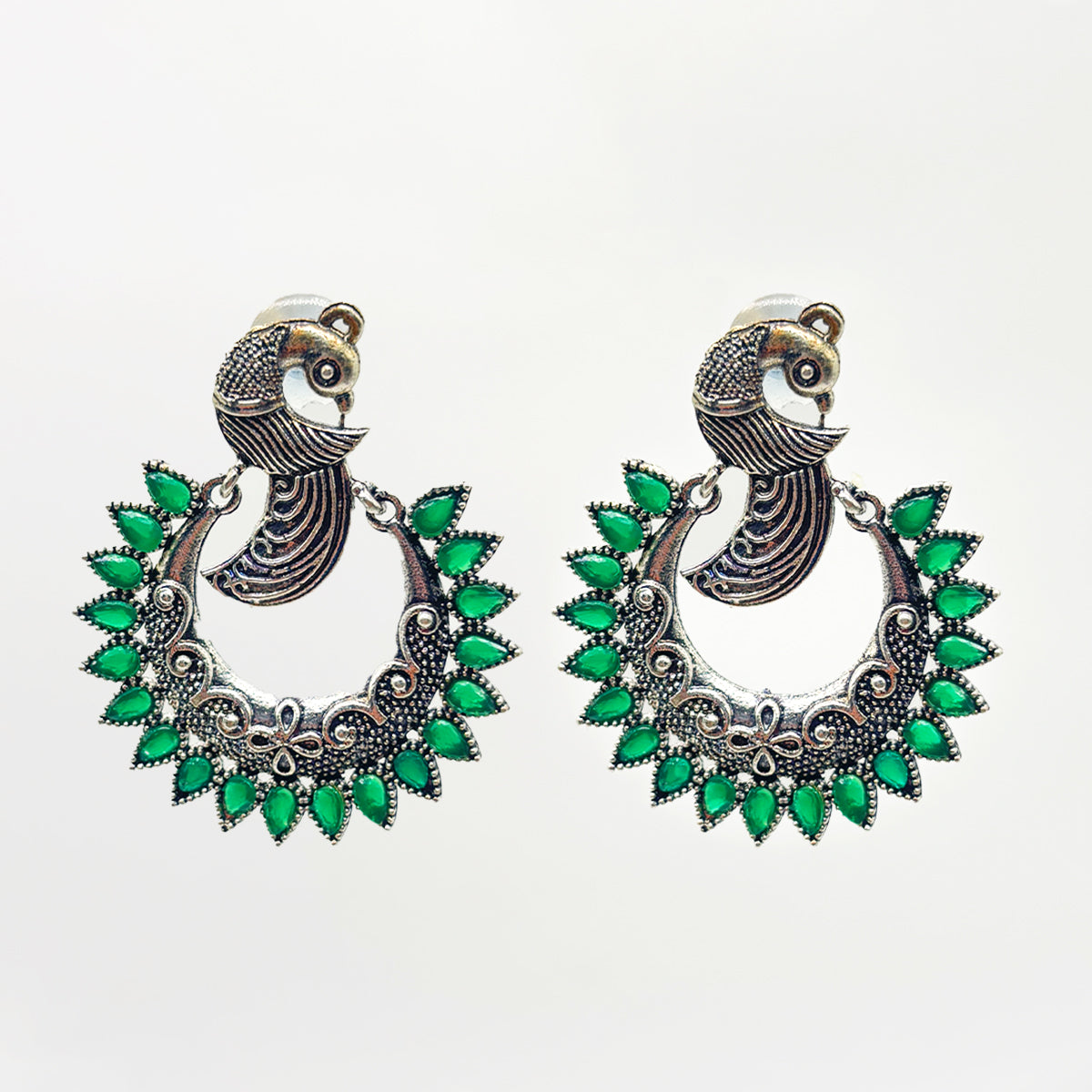 Traditional Oxidized Silver Peacock Design Jhumki Earrings with Vibrant Green Stones