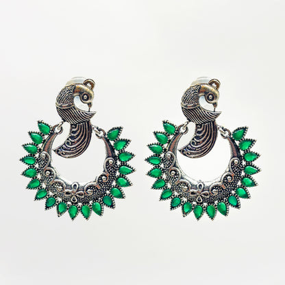 Traditional Oxidized Silver Peacock Design Jhumki Earrings with Vibrant Green Stones