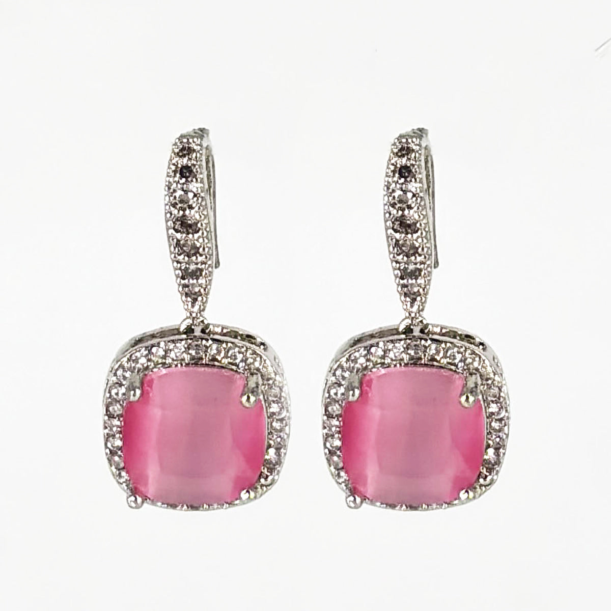 Glamorous Silver-Tone Hot Pink Cushion-Cut Drop Earrings with Zircon Halo Design