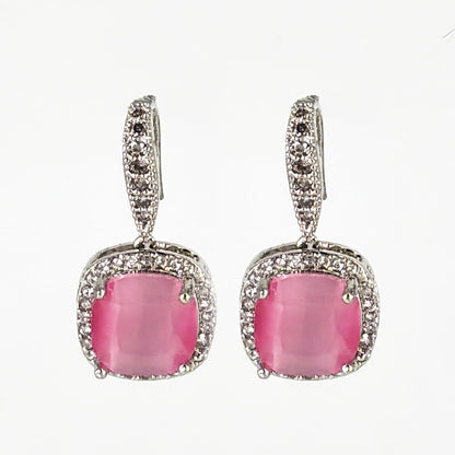 Glamorous Silver-Tone Hot Pink Cushion-Cut Drop Earrings with Zircon Halo Design