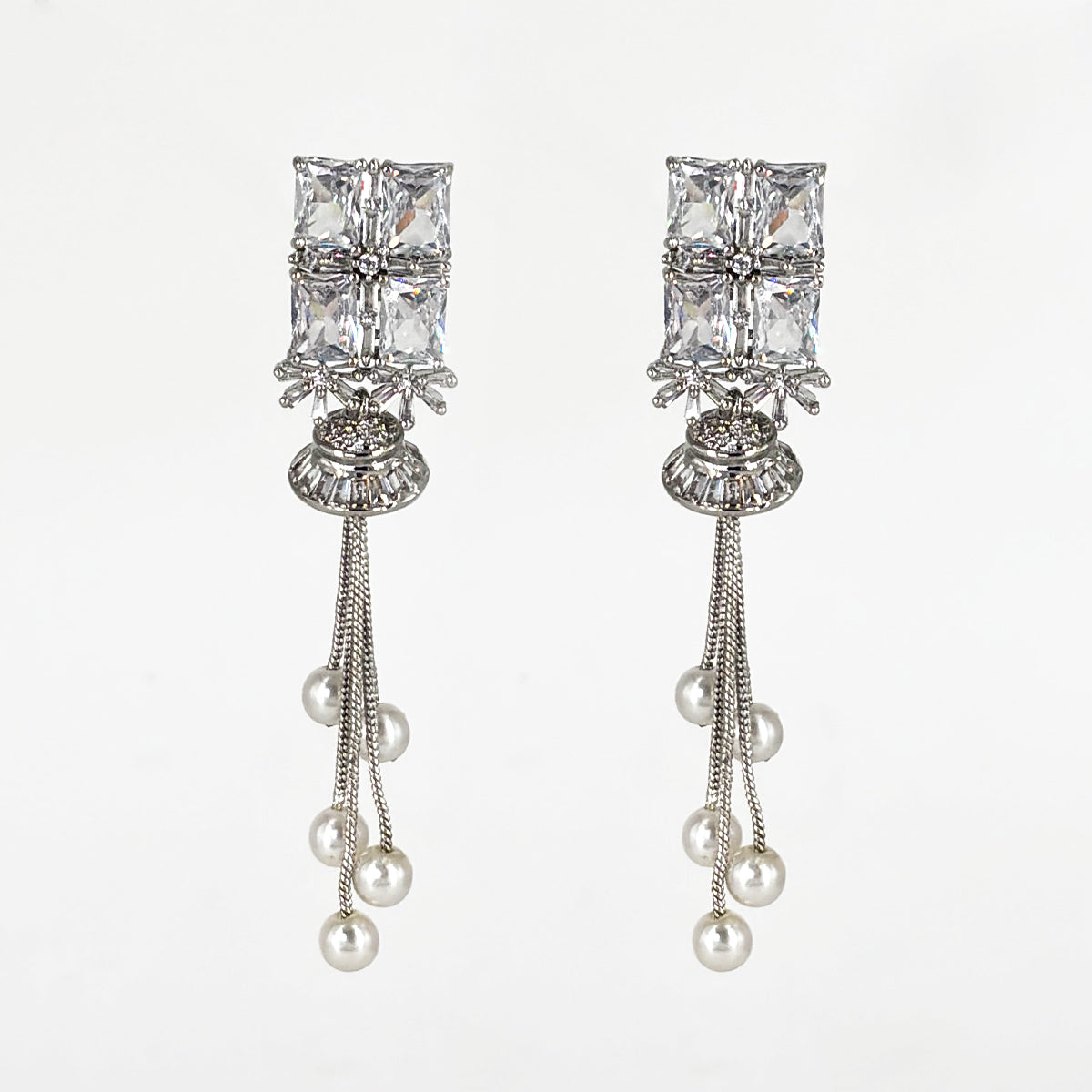 Luxurious Silver-Tone American Diamond Tassel Earrings with Square Zircon and Pearl Drops