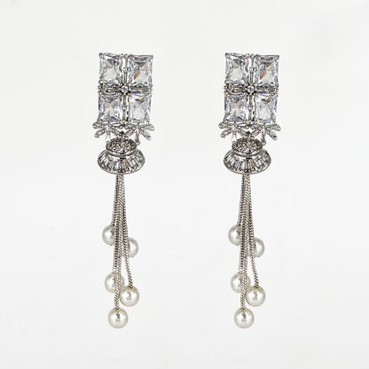 Luxurious Silver-Tone American Diamond Tassel Earrings with Square Zircon and Pearl Drops