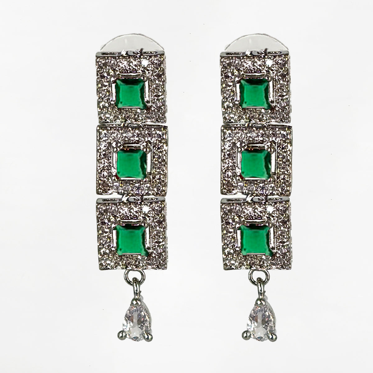 Sparkling Silver-Tone Square-Cut Emerald Green Choker Necklace and Earrings Set