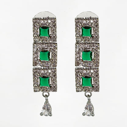 Sparkling Silver-Tone Square-Cut Emerald Green Choker Necklace and Earrings Set