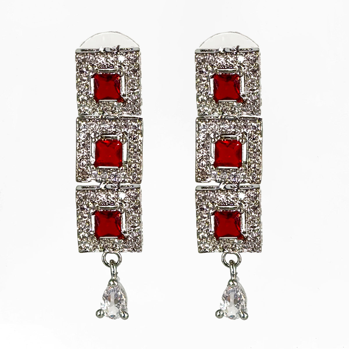 Classic Silver-Tone Square Cut Ruby Red Stone Collar Necklace and Earring Set
