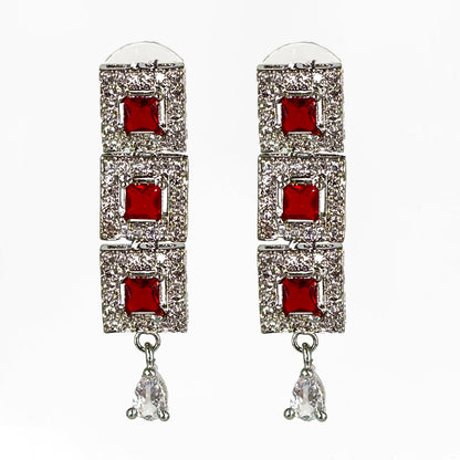 Classic Silver-Tone Square Cut Ruby Red Stone Collar Necklace and Earring Set
