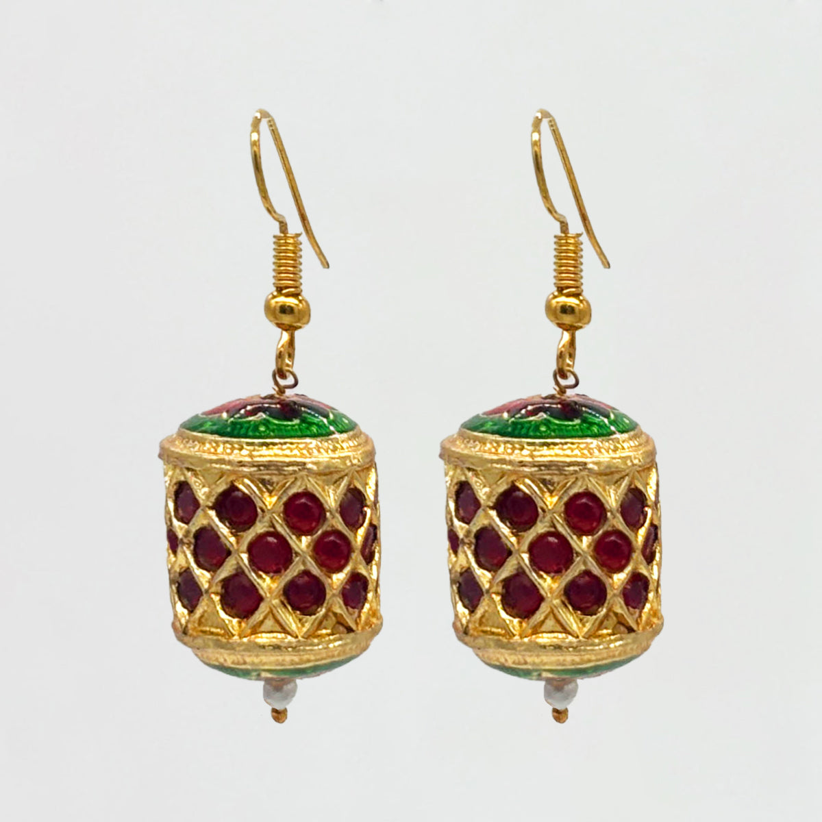 Traditional Gold-Tone Meenakari Work Beaded Necklace Set with Maroon and Green Enamel