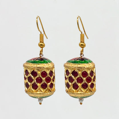 Traditional Gold-Tone Meenakari Work Beaded Necklace Set with Maroon and Green Enamel
