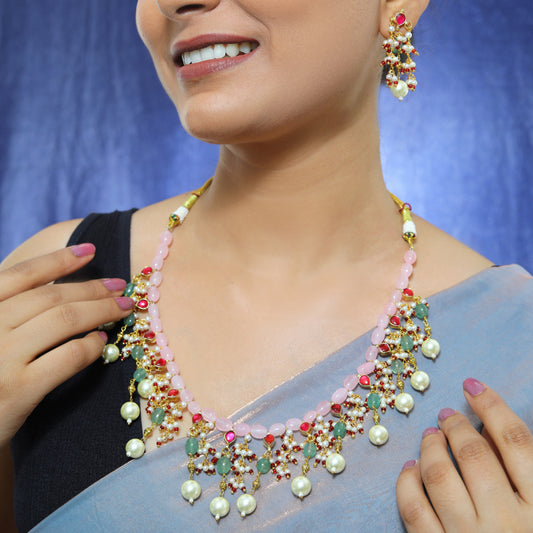 Pink Kundan Pearl Drop Set
