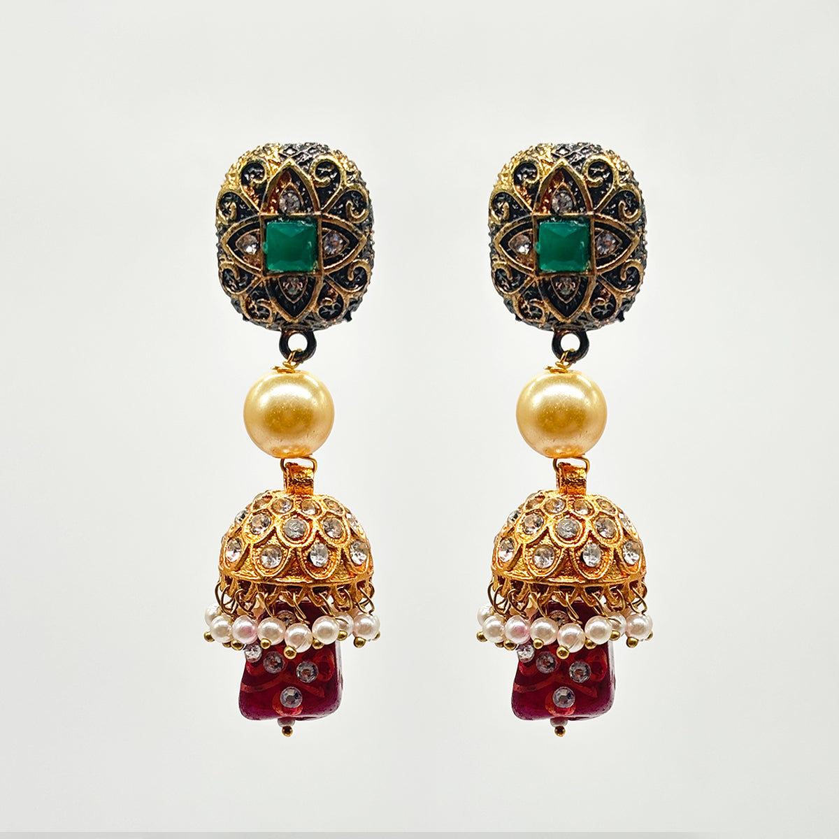 Luxurious Multi-Layered Meenakari Work Gold-Tone Beaded Necklace Set with Jhumka Earrings