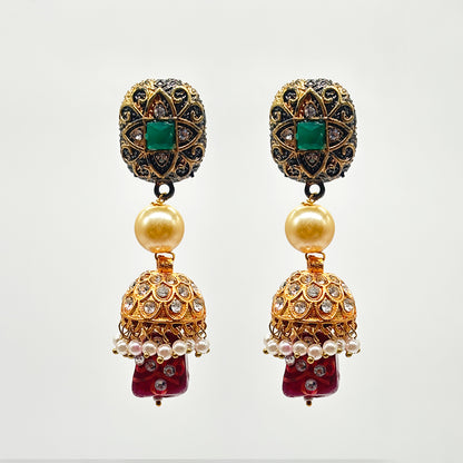 Luxurious Multi-Layered Meenakari Work Gold-Tone Beaded Necklace Set with Jhumka Earrings