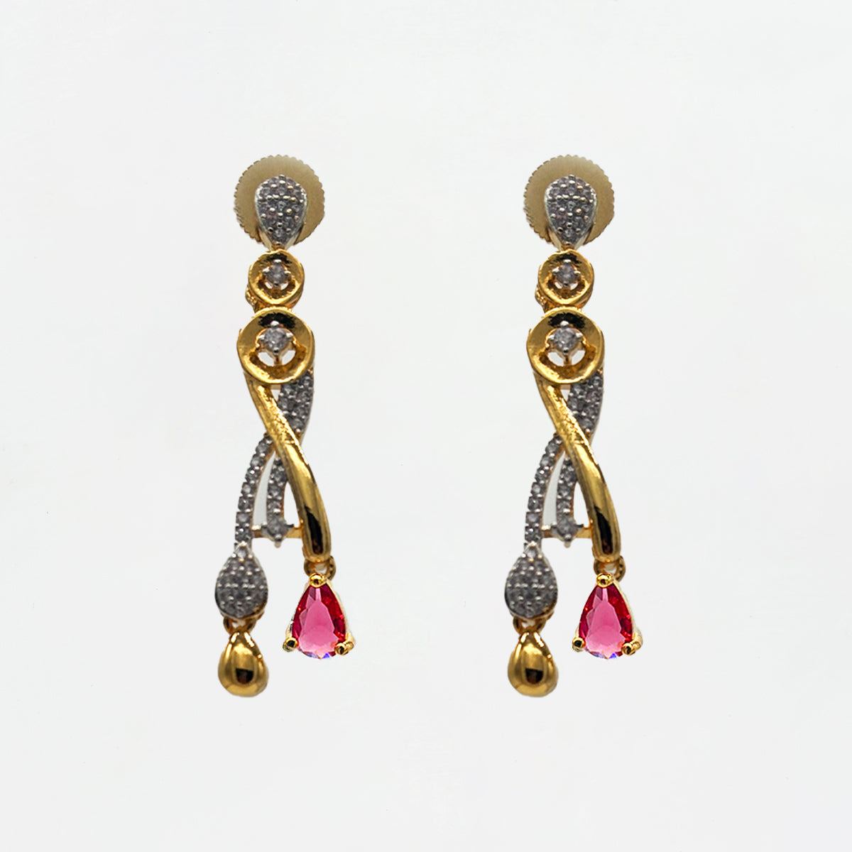 Elegant Gold-Plated Diamond-Cut Necklace Set with Pink Stone Drops