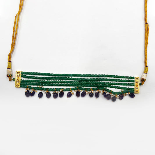 Traditional Green Beaded Choker Necklace with Purple Stone Drops