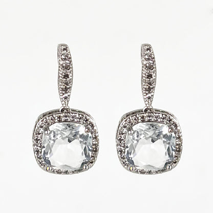 Dazzling Silver-Tone Cushion-Cut Zircon Drop Earrings with Pave-Set Hoops