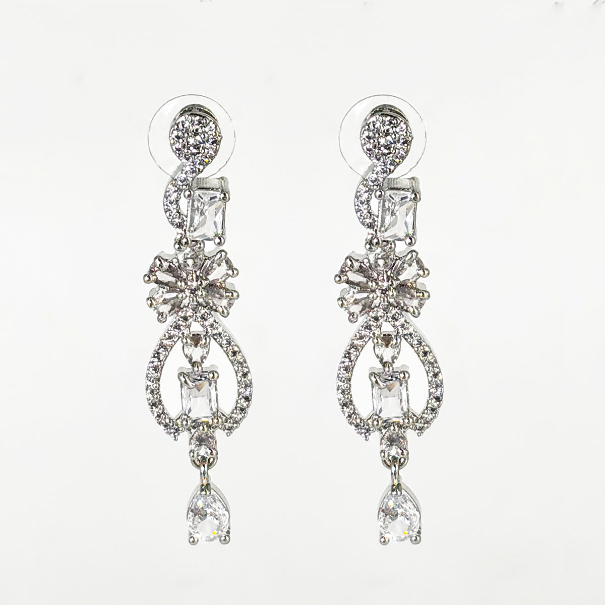 Brilliant American Diamond Silver-Tone V-Drop Necklace Set with Matching Dangle Earrings