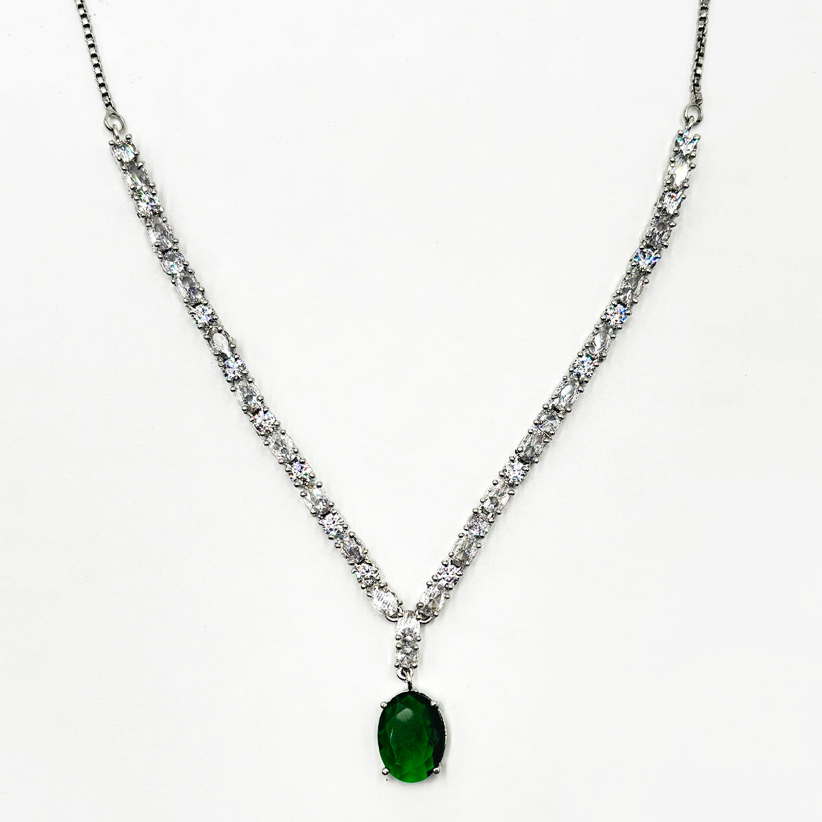 Sparkling Zircon V-Neckline Necklace Set with Oval Green Emerald Drop Earrings