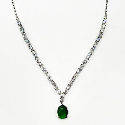 Sparkling Zircon V-Neckline Necklace Set with Oval Green Emerald Drop Earrings