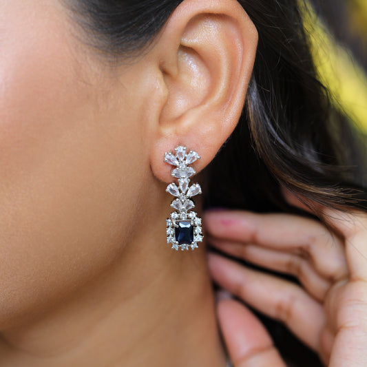 Premium Silver-Tone Zircon V-Neckline Necklace Set with Royal Blue Sapphire Pendant